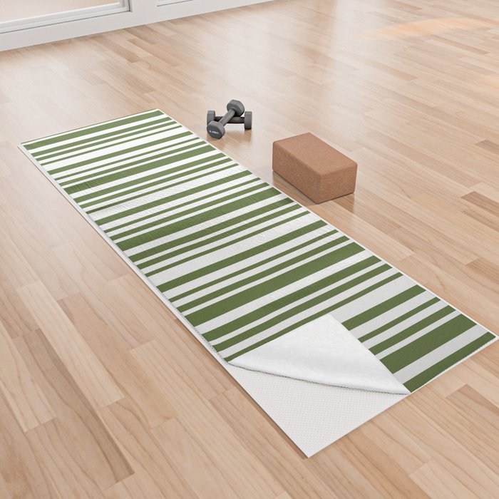 Dark Olive Green & White Colored Stripes Pattern Yoga Towel