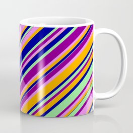 [ Thumbnail: Colorful Light Green, Purple, Violet, Orange & Dark Blue Colored Lines/Stripes Pattern Coffee Mug ]