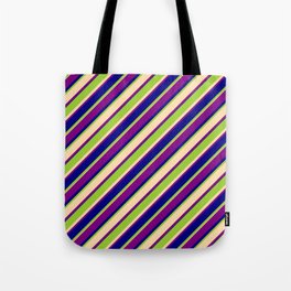 [ Thumbnail: Green, Tan, Purple & Blue Colored Lined Pattern Tote Bag ]