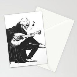Minstrel playing guitar,grim reaper musician cartoon,gothic skull,medieval skeleton,death poet illus Stationery Card