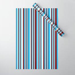 [ Thumbnail: Deep Sky Blue, Dark Red & Light Cyan Colored Pattern of Stripes Wrapping Paper ]