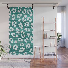 White Leopard Print Lace Vertical Split on Turquoise Green Wall Mural