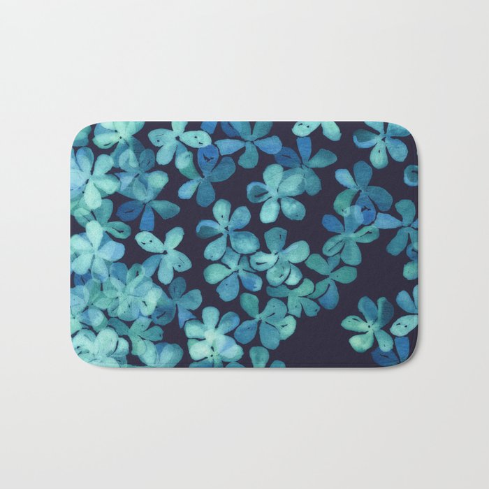 Hand Painted Floral Pattern in Teal & Navy Blue Bath Mat