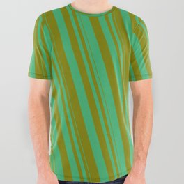 [ Thumbnail: Sea Green & Green Colored Striped/Lined Pattern All Over Graphic Tee ]