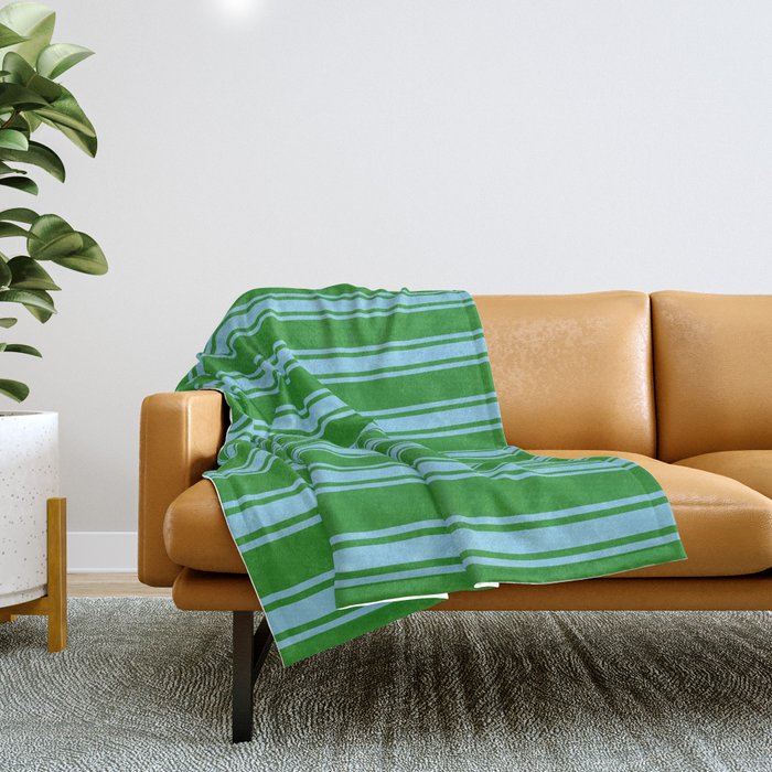 Forest Green and Sky Blue Colored Lined/Striped Pattern Throw Blanket