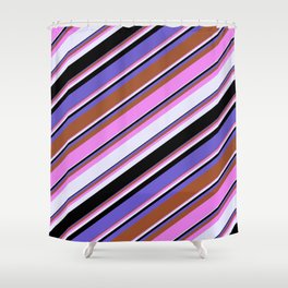 [ Thumbnail: Vibrant Violet, Lavender, Black, Slate Blue, and Sienna Colored Lines/Stripes Pattern Shower Curtain ]