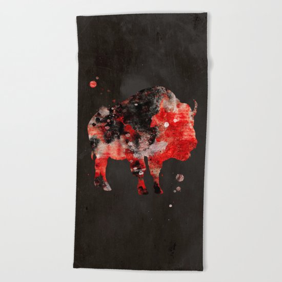 Watercolor Buffalo Bison Painting Black Red Grunge Beach Towel