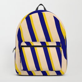 [ Thumbnail: Yellow, Blue, and Bisque Colored Stripes Pattern Backpack ]