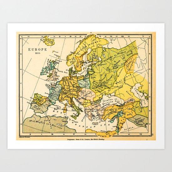 Europe in 1135 - Vintage Map Collection Art Print
