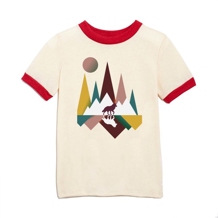 Colorful Vintage Wolf In Whimsical Wild and Mountains With Moon Kids T Shirt