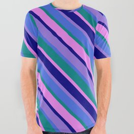 [ Thumbnail: Purple, Royal Blue, Teal, Violet & Blue Colored Stripes/Lines Pattern All Over Graphic Tee ]