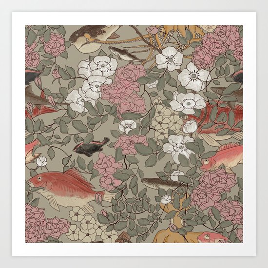 Fishes & Flowers - Seamless pattern Art Print