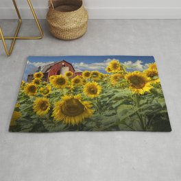 Golden Blooming Sunflowers with Red Barn Rug