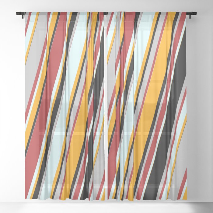 Eyecatching Red, Light Cyan, Orange, Black, and Grey Colored Lines/Stripes Pattern Sheer Curtain
