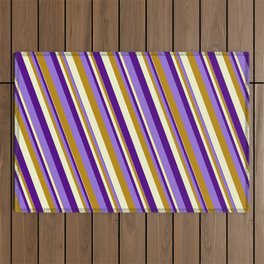 [ Thumbnail: Indigo, Purple, Dark Goldenrod & Light Yellow Colored Lined Pattern Outdoor Rug ]
