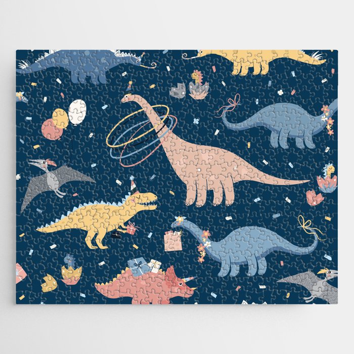 Vintage illustration with dino's birthday party. Seamless pattern with dinosaur birthday. Cute cartoon dino character. Dinosaur with gifts and confetti around Jigsaw Puzzle