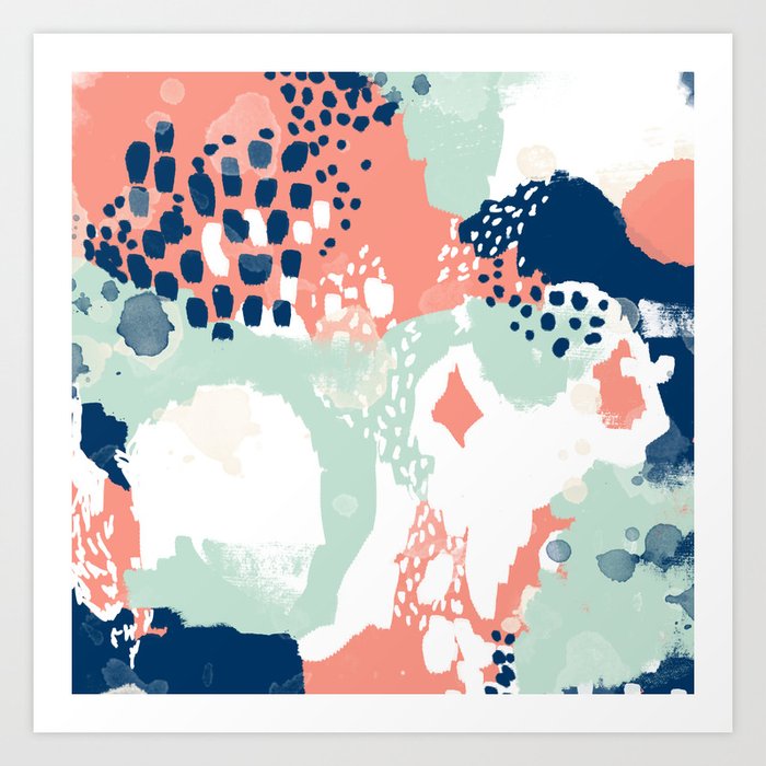 Kayl - abstract painting minimal coral mint navy color palette boho hipster decor nursery Art Print