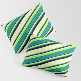 [ Thumbnail: Light Green, Dark Cyan, Black & Light Yellow Colored Striped/Lined Pattern Pillow Sham ]