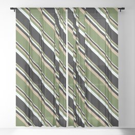 [ Thumbnail: Tan, Dark Olive Green, Mint Cream & Black Colored Stripes Pattern Sheer Curtain ]