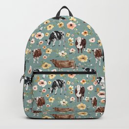 Cows and Flowers on Country Blue, Yellow Flowers, Cow Floral, Pink Flowers Backpack
