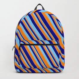[ Thumbnail: Dark Orange, Dark Blue & Light Sky Blue Colored Lines/Stripes Pattern Backpack ]