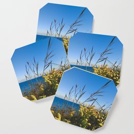 Yellow Flowers on the Shore (plants, ocean, beach, nature, peaceful, rhode island, photography) Coaster