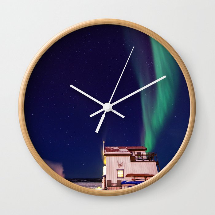 Northern Lights and house boat in Yellowknife Wall Clock