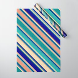 [ Thumbnail: Vibrant Dark Salmon, Tan, Dark Cyan, Dark Blue, and Light Sea Green Colored Striped/Lined Pattern Wrapping Paper ]