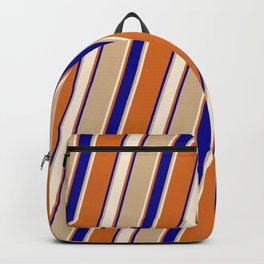 [ Thumbnail: Tan, Beige, Chocolate & Dark Blue Colored Lines Pattern Backpack ]