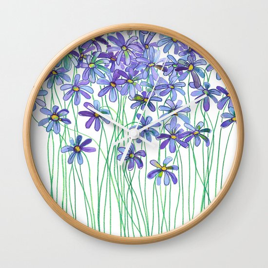Purple Daisies in Watercolor & Colored Pencil Wall Clock
