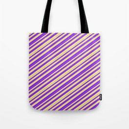 [ Thumbnail: Tan & Purple Colored Pattern of Stripes Tote Bag ]
