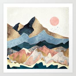 Golden Peaks Kunstdrucke | Hills, Peaks, Mountains, Wanderlust, Pink, Watercolor, Contemporary, Blue, Digital, Sun 