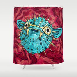 Cute puffer fish painting, cartoon blowfish Shower Curtain