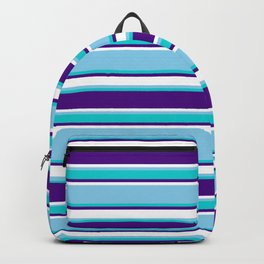 [ Thumbnail: Sky Blue, Dark Turquoise, Indigo & White Colored Lines Pattern Backpack ]