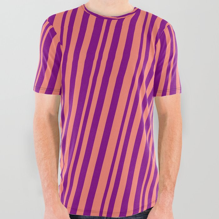 Salmon and Purple Colored Stripes Pattern All Over Graphic Tee