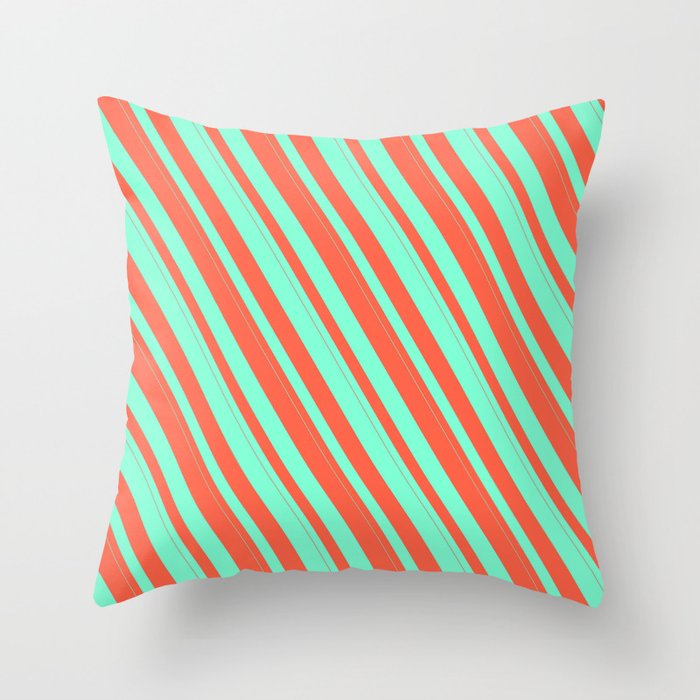 Red & Aquamarine Colored Stripes Pattern Throw Pillow