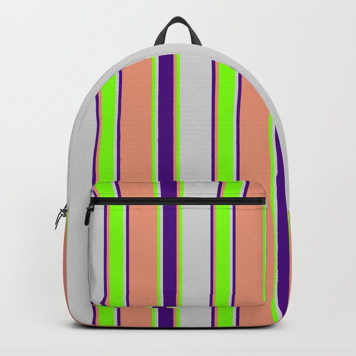 Light Grey, Chartreuse, Dark Salmon, and Indigo Colored Striped/Lined Pattern Backpack