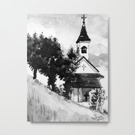Austrian Alps hillside Church Black and White Watercolor Painting Metal Print