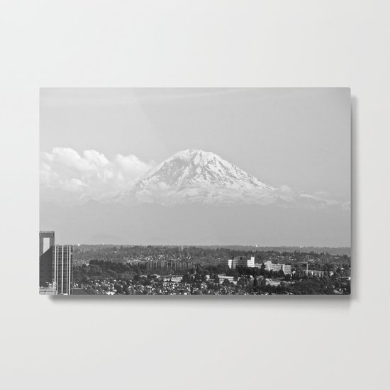 Hovering Mt Rainier in Mono Metal Print