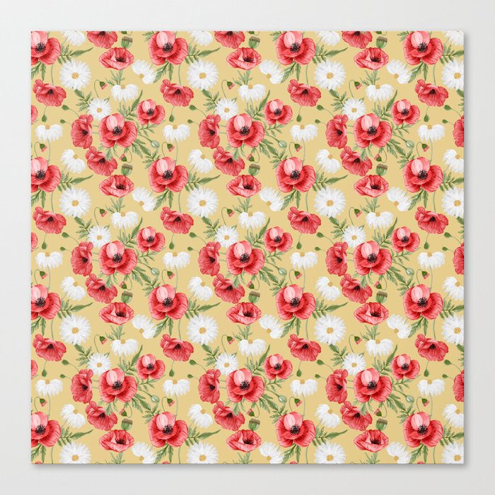 Daisy and Poppy Seamless Pattern on Beige Background Canvas Print