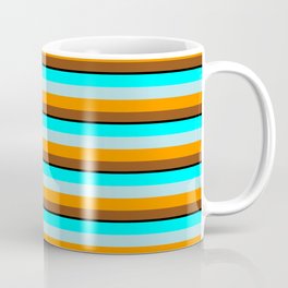 [ Thumbnail: Eyecatching Cyan, Powder Blue, Dark Orange, Brown, and Black Colored Striped Pattern Coffee Mug ]