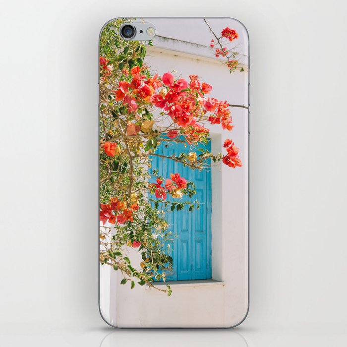 Mediterranean Scenery with Blue Shutters and Red Flowers | Still Live in Greek | Colorful Travel Photography iPhone Skin