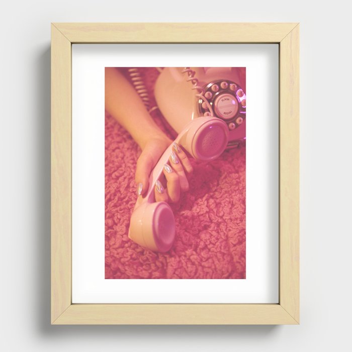 Hand with phone on pink carpet Recessed Framed Print