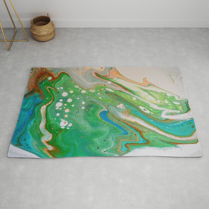 Green And Blue Marble Swirl Fluid Painting Pour Rug By