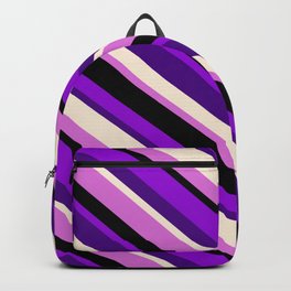[ Thumbnail: Dark Violet, Indigo, Beige, Orchid, and Black Colored Pattern of Stripes Backpack ]