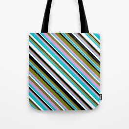 [ Thumbnail: Eye-catching Green, Plum, Dark Turquoise, White & Black Colored Striped/Lined Pattern Tote Bag ]