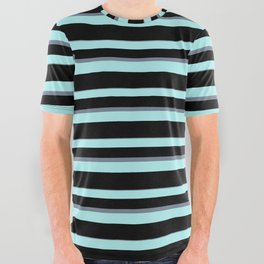 [ Thumbnail: Turquoise, Black, and Slate Gray Colored Stripes Pattern All Over Graphic Tee ]