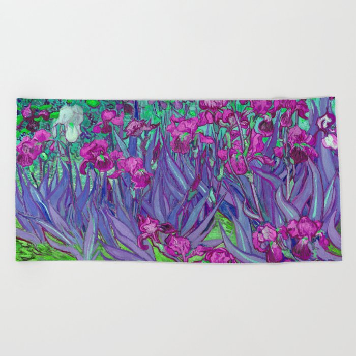Vincent Van Gogh Irises Painting Violet Fuchsia Palette Beach Towel