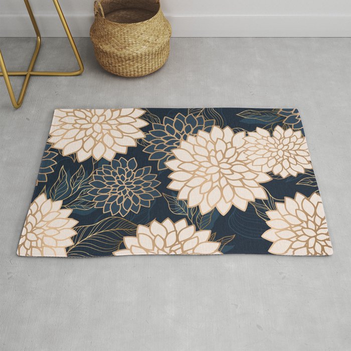 Floral Aesthetic in Navy, Blue, Ivory and Gold Rug