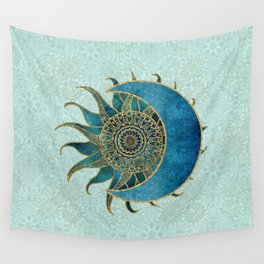 Sun And Moon Universe Celestial Art Gold And Turquoise Wall Tapestry